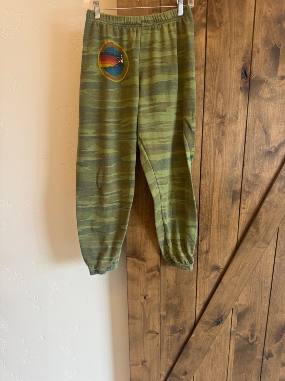 Aviator Nation Olive Camo Track Pants with Rainbow Patch